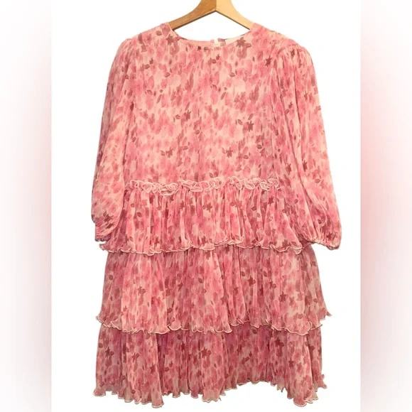 GANNI Pleated Georgette Floral Plisse 3/4 Sleeve Round Neck Tiered Mini Dress - Picture 2 of 5